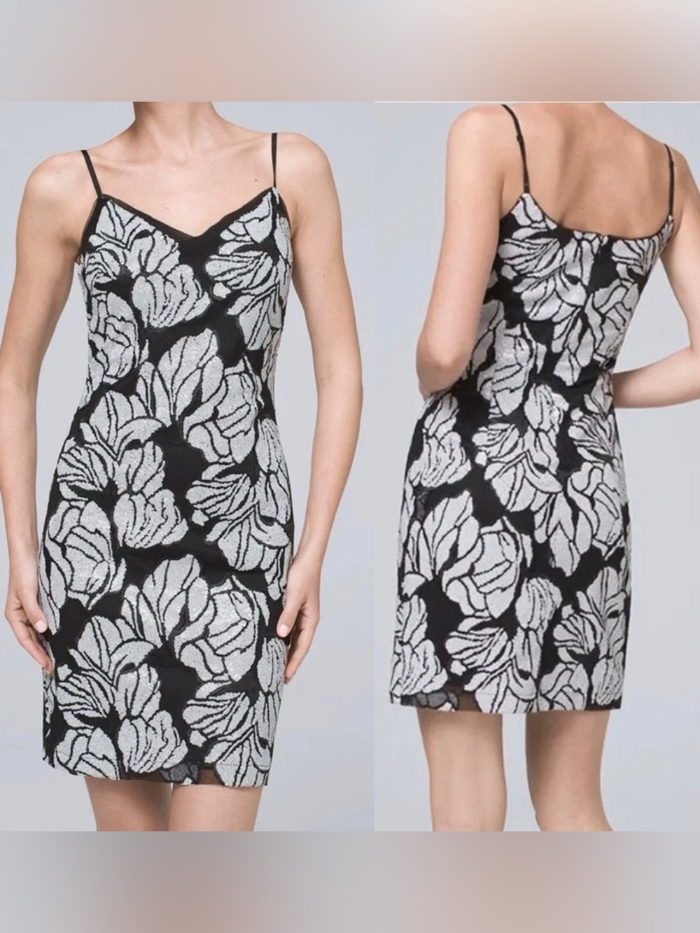 White House Black Market Size 4 Black White Sequin Floral Mini Dress